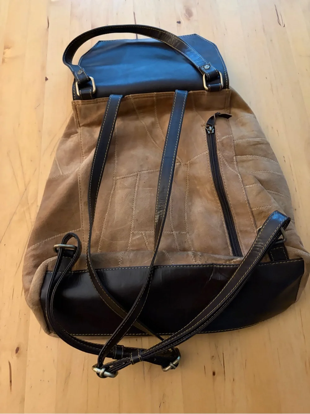 Suede and Leather Flap Backpack - Tan